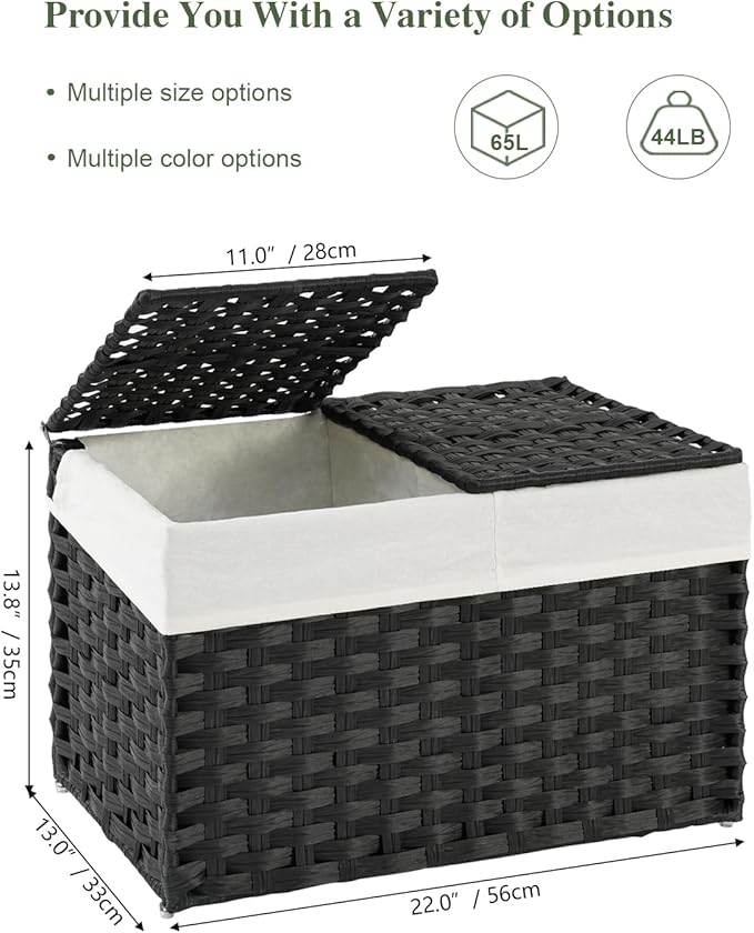 SETVSON Storage Basket with Lid Rattan Woven Storage Baskets with 2 Separate Lids, 17.2 Gallon (65 L), Wicker Storage Bins Foldable, 2 Removable Liner Bags Handles for Bedroom, Laundry Room Black