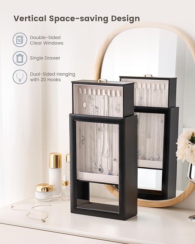 Lolalet Upgraded Double-Sided Hanging Necklace Organizer Box, Jewelry Display Case with Double-Sided Clear Window for Necklaces Bracelets, Tangle-Free Necklace Storage Box, Mothers Day Gift