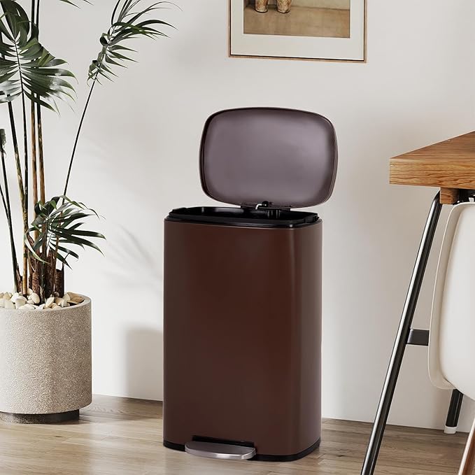FDW | 13 Gallon Trash Can with Lid | Brown | Fingerprint-Proof | Made of Brushed Stainless Steel | Soft-Close Step Pedal | Hands-Free Use | Easy to Clean | for Kitchen, Office, Bathroom