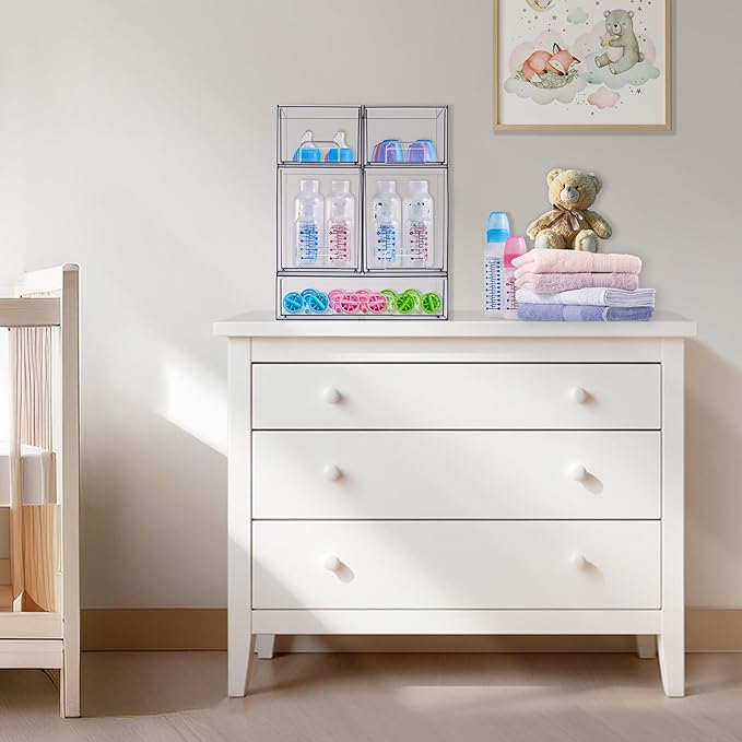 Sorbus Stackable Acrylic Storage Drawers – 4 Tall + 2 Wide – 6 Pack Clear Plastic Organizer Bins for Baby Bottles, Makeup, Bathroom & Vanity, Pull-Out Drawer Design for Kitchen Cabinets