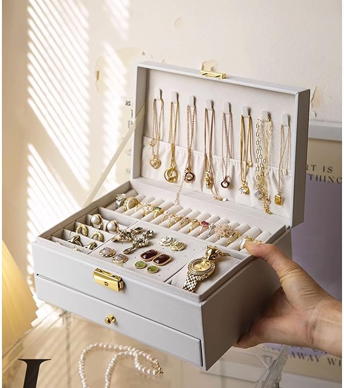 GUOER Jewelry Box for Women Girl Wife - Large PU Leather Jewelry Organizer Storage Case with Two Layers Display for Earrings Bracelets Rings Watches Mother's Day (White)