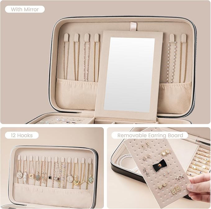 Lolalet Travel Jewelry Case for Women Girls, Travel Jewelry Organizer Box with Mirror & Clear Storage Bag, Small Portable Earring Necklace Bracelet Ring Case, Birthday Valentine Gifts -Large, Black