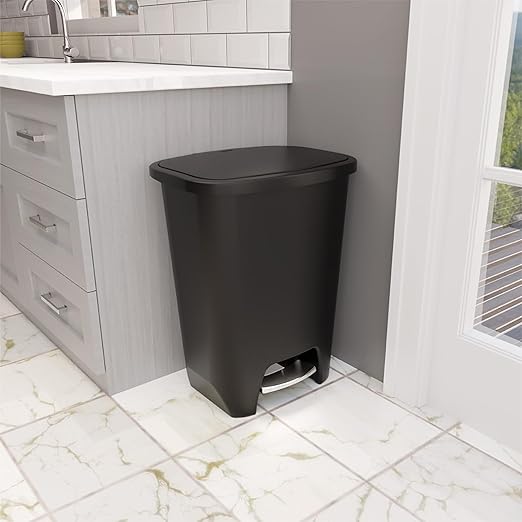 Glad Premium 20 Gallon Trash Can - Plastic Kitchen Waste Bin with Odor Protection of Lid, Stainless Steel Step On Foot Pedal and Garbage Bag Rings, Black