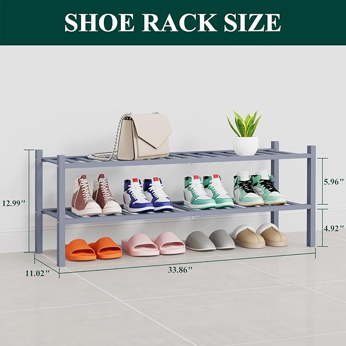 Smiry Shoe Rack, 2 Tier Thick Long Bamboo Shoe Organizer, Stackable Free Standing Wooden Shoe Storage Shelf for Closet, Entryway, Front Door Entrance, Grey