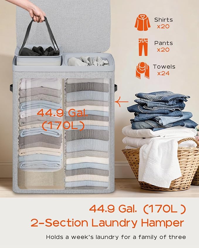 CASAMAYA Laundry Basket with Lid, Laundry Hamper 2 Section, 170L collapsible Laundry Organizer, Easy Assembly, with Handles and Removable Liners, 22 x 15.7 x 29.5 Inches, Gray JSP903G