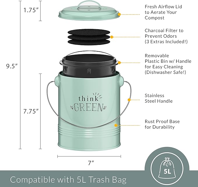 Barnyard Designs Compost Bin for Kitchen Counter - 1.2 Gallon Countertop Composter with Extra Smell-Absorbing Filters and Inner Bucket for Easy Cleaning - Food Waste Bin for Kitchen with Lid (Mint)