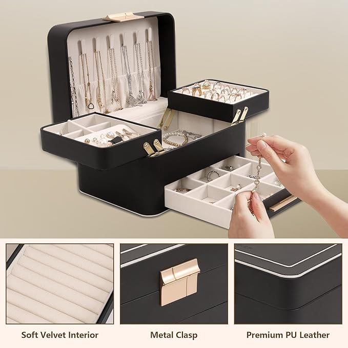 KAMIER Jewelry Box, Jewelry Organizer with Drawers, 3 Layers Jewelry Storage Organizer for Earring, Ring, Necklace, Bracelets, Gift for Women, Girls, Men, Black