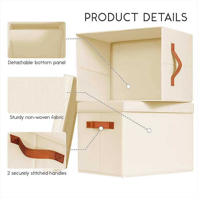 Homsorout Storage Bins with Lids - Fabric Storage Baskets for Shelves, 4 Pack Foldable Decorative Boxes with Handles, Stackable Organizer Bins for Home, Nursery, Dorm, Beige
