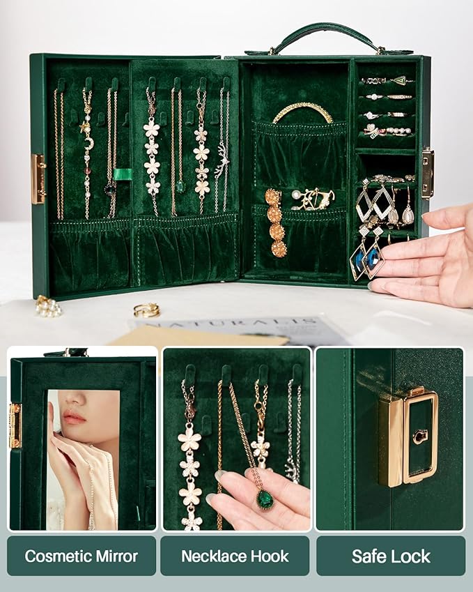 Enthralite Large Travel Jewelry Case: Portable Necklace Box with Mirror - PU Leather & Velvet Lined Jewelry Organizer for Ring Earring Bangle Bracelets Watch - Birthday Gift for Her