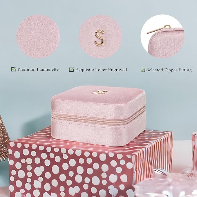 Vlando Small Travel Jewelry Box Organizer Display Case for Rings Earrings Necklaces Storage, Selected Soft Velvet, Letter S Engraved, Pink