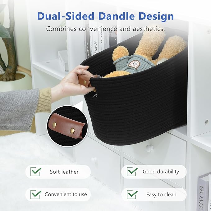 ECDYQXVU Cotton Rope Basket, Storage Baskets with Handle, 15x10x9 Inch Woven Basket for Shelves, Laundry, Towels, Clothes, Books (Black 2Pack)