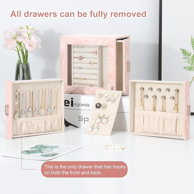 DesignSter Jewelry Box Organizer, Jewelry Box for Women, PU Jewelry Organizer Display Case with Side Drawers, Jewelry Storage for Earring Necklace Ring Bracelet Watch