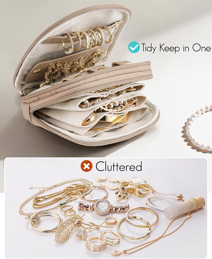 VLANDO Travel Jewelry Case,2-Layer Jewelry Organizer for Travel,Mothers Day Mom Gifts Teacher Gift,Multi-Compartment Jewelry Storage for Rings Earrings Necklaces Bracelets-Toffee