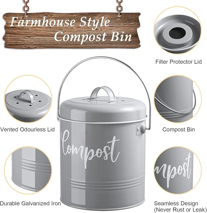 DAYYET Gray Compost Bin Kitchen, 1.3 Gallon Farmhouse Kitchen Compost Bin Countertop with Lid and Charcoal Filters, Indoor Compost Bucket for Decor and Accessories