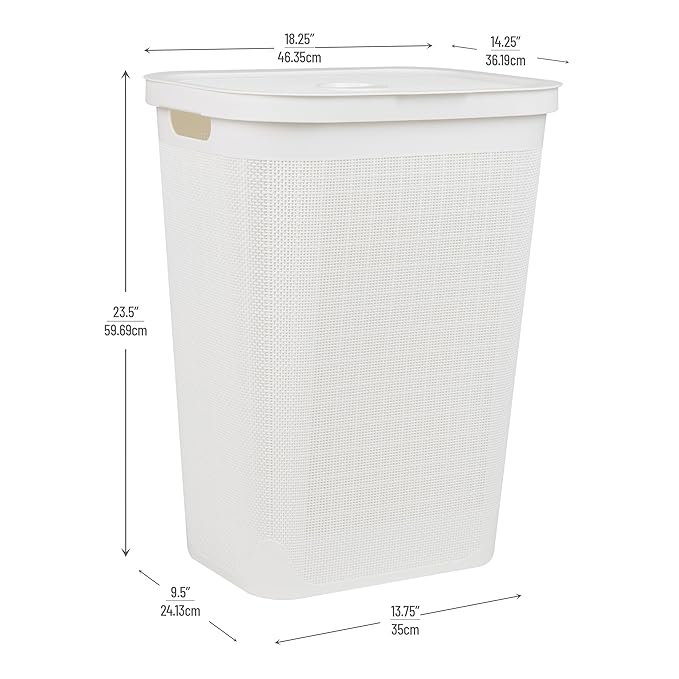 Mind Reader 60L Slim Laundry Hamper, Clothes Basket, Lid, Linen Design, Plastic, White