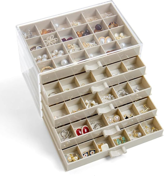 YUFONG Earring Storage Box Organizer, Acrylic Jewelry Storage Box Holder 5 Drawers Transparent Jewelry Display Stand with 120 Small Compartments Gift Boxes for Women Girls (Beige)