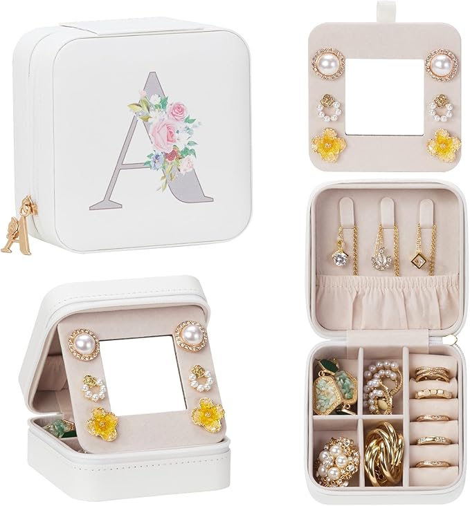 Enthralite Travel Jewelry Box for Girls: Traveling Ring Case Gift for Women - Mini Organizer for Necklaces Earrings White A