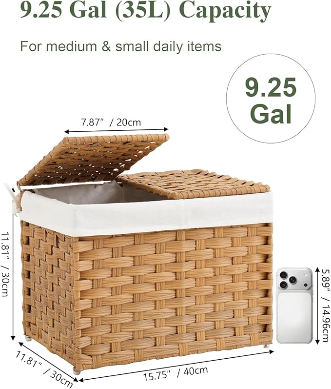 SETVSON Storage Basket with Lid Woven Wicker Baskets with 2 Separate Lid, 9.2 Gallon (35 L) Wicker Storage Bins with Handles, Foldable and 2 Removable Liner Bags for Bedroom, Laundry Room Natural