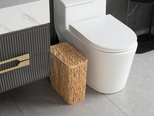 Coeusy 3 Gallon Wicker Trash Can,Small Bathroom Trash Can with Lid,Natural Water Hyacinth Wicker Waste Basket for Bedroom,Toilet,Narrow Garbage Can with Removable Liner