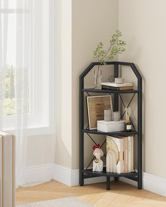 CHOEZON 3-Tier Corner Shelf, Industrial Corner Bookshelf, 35.4" Storage Stand, Plant Stand Display Shelf, Bookcase for Bedroom, Living Room, Home Office, Black TCJ03BB ﻿