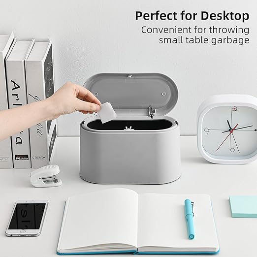 SUBEKYU 0.5 Gal Mini Countertop Trash Can with Lid for Desktop, Small Garbage Can for Office, Tiny Wastebasket, Plastic, Light Grey