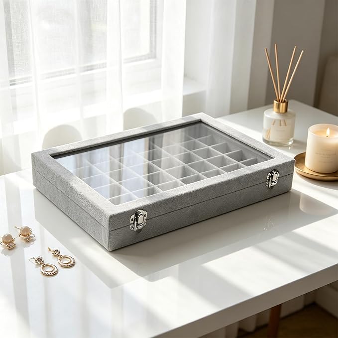 Stratalife Jewelry Organizer 48 Grid Jewelry Trays with Dust-proof Lid Velvet Earring Organizer Ring Holder Accessories Box Necklaces Earrings Storage for Women Drawers Gray
