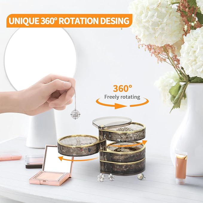 LETURE 4-Layers Rotatable Jewelry Organizer Storage Box, Clear Jewelry Holder Case for Ring Earring Necklaces Bracelets Makeup Hair Accessories