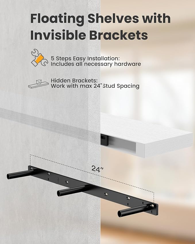 AMADA HOMEFURNISHING 47.2" L Floating Shelves, Wall Shelves Set of 3 for Bathroom/Living Room/Bedroom/Kitchen, White Floating Shelves for Wall Decor with Invisible Brackets - AMFS55W