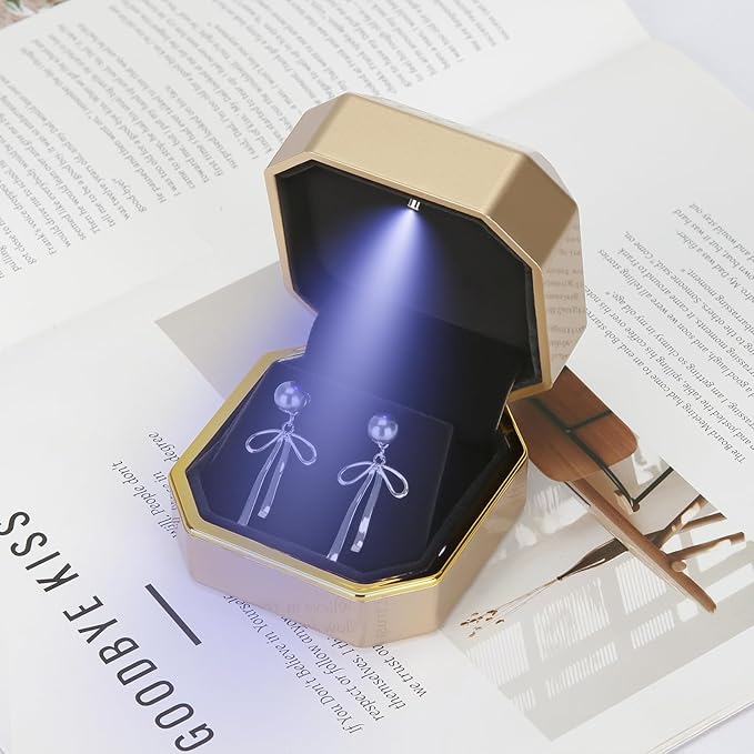 Luxury LED Jewelry Earring Pendant Stud Box, Velvet Earring Necklace Gift Box Storage Case Organizer Holder for Proposal Engagement Wedding Anniversary Birthday Ceremony (Gold)