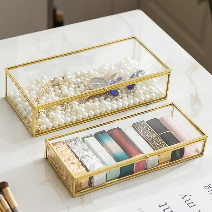 Glass Jewelry Box Set, 2pcs Vintage Rectangle Gold Keepsake Boxes Lipstick Organizer Box Vanity Lidded Box Home Decor Accent Decorative Box for Storage Trinket Rings Bracelet1