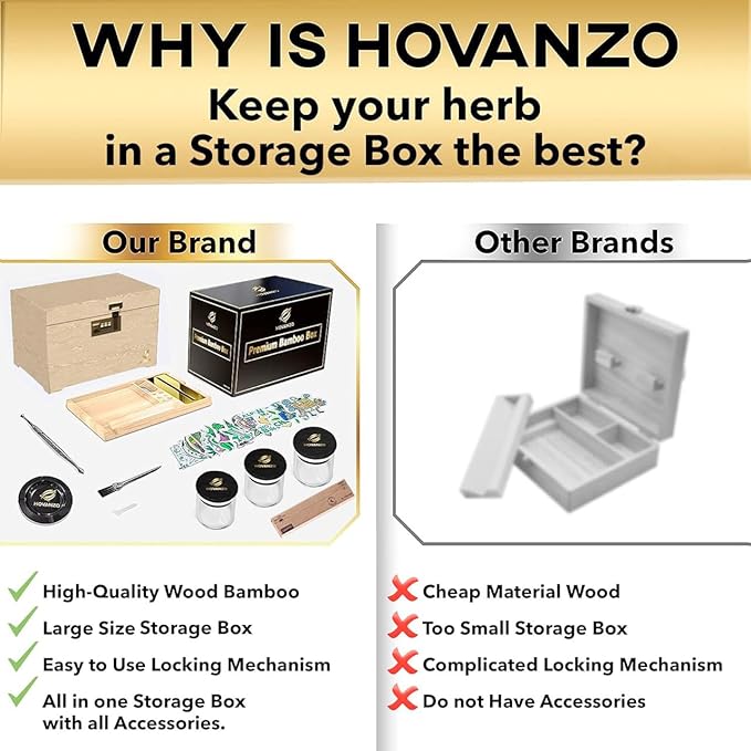 HOVANZO Premium Large Bamboo Storage Box with Removable Tray - Storage Wood Box for Herbs and Accessories - Storage Box Set with Combination Lock - Smell Proof Container with Accessories