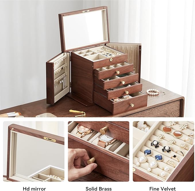 CHOSIN Black Walnut Wooden Jewelry Box for Women with Mirror, 5 Drawers and 2 Side Doors for Watches, Necklaces, Rings, Earrings Storage, Mothers Day Gifts for Mom