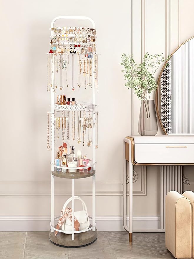 Jewelry Holder Organizer, Floor Jewelry Organizer with Earring Organizer Necklace Holder, Rotating Jewelry Stand Necklace Display Earring Storage, Large Hanging Jewelry Tree for Jewlery Bracelet Ring