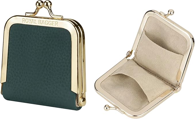 Royal Bagger Genuine Cow Leather Ultra-Slim Mini Jewelry Box, Ring & Necklace Storage, Slim Coin Purse with Kiss Lock for Women 3120 (Dark Green)