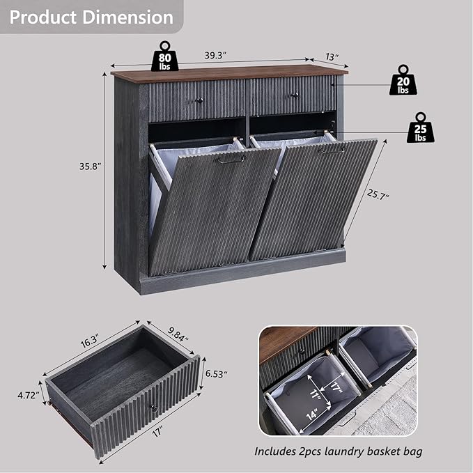 IFBUY Modern Double Tilt-Out Laundry Hamper Cabinet, 20 Gallon Fluted Trash Can Cabinet w/2 Drawers, Wooden Hidden Garbage Can Cabinets w/Laundry Basket, Free Standing for Bathroom and Kitchen, Grey