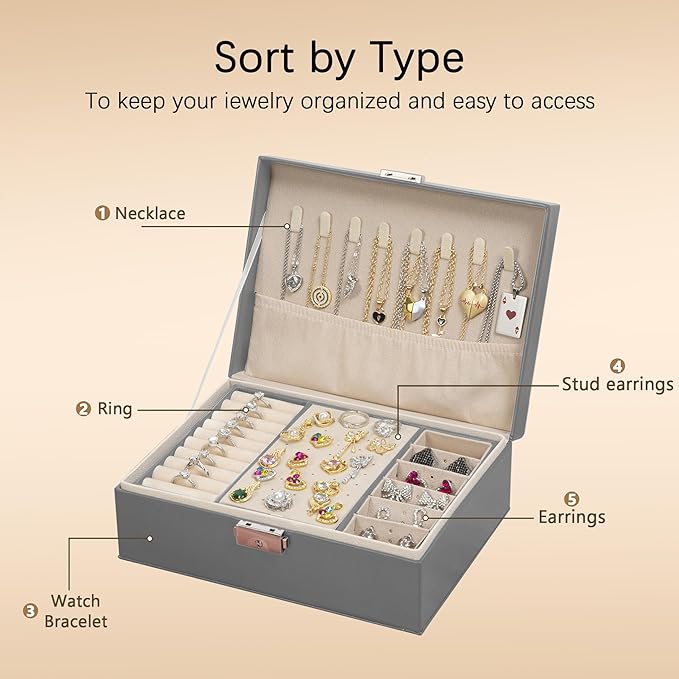 Homeanda Jewelry box 2 layer Jewelry box Leather Jewelry boxes for Women Girls Teens Jewelry organizer box Jewelry Storage box with lock(Grey)