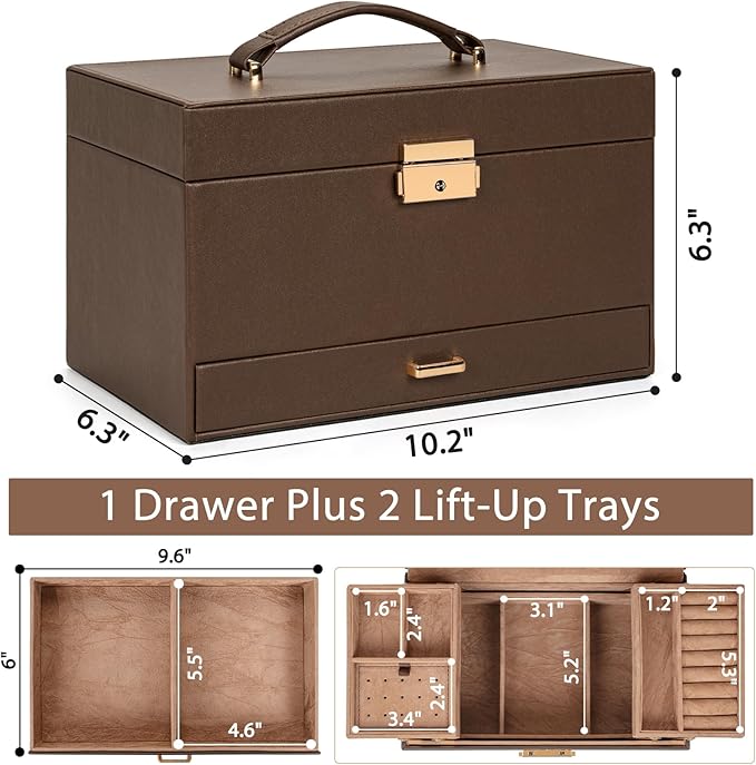 AKOZLIN Travel Jewelry Box Organizer Functional 2-trays Leather Jewelry Storage Case with Lockable Portable Drawer for Women Girls Ring Necklace Earring Bracelet