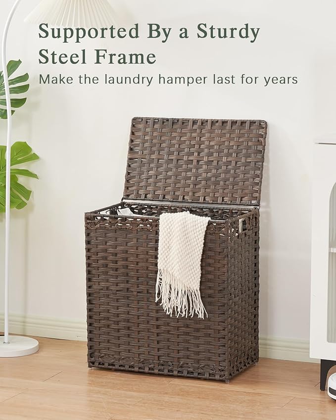 SETVSON Laundry Hamper with Lid Wicker Laundry Basket 112 L (29.6 Gal) Laundry Hampers Handwoven Rattan Laundry Hamper with Handles 3 Removable Washing Bag, 6 Mesh Bags for Bathroom Bedroom Brown