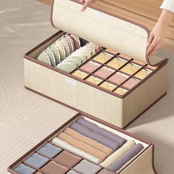 Drawer Organizer with Lid for Clothing, 1+16 Cells Sock Underwear Drawer Organizer Bins, Foldable Fabric Closet Organizers and Storage, Drawer Dividers for Bra, Scarves, Belt, Tie (Navy Blue)