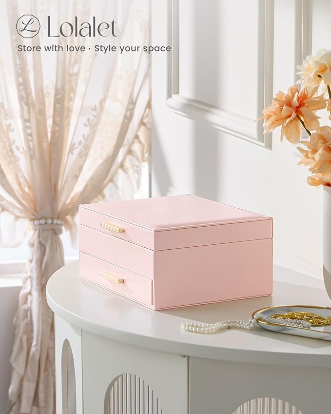Lolalet 2-Layer Jewelry Box Organizer for Women Girls, Jewelry Storage Case Holder with Drawers for Necklaces Ring Earrings Bracelet Watch, Gifts Choice for Mom Mother’s Day -Pink