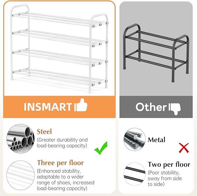 INSMART 4-Tier Expandable Shoe Rack, Stackable and Adjustable Shoes Organizer Storage Shelf, Sturdy and Durable Metal Structure Free Standing Shoe Rack for Closet Entryway Doorway, White