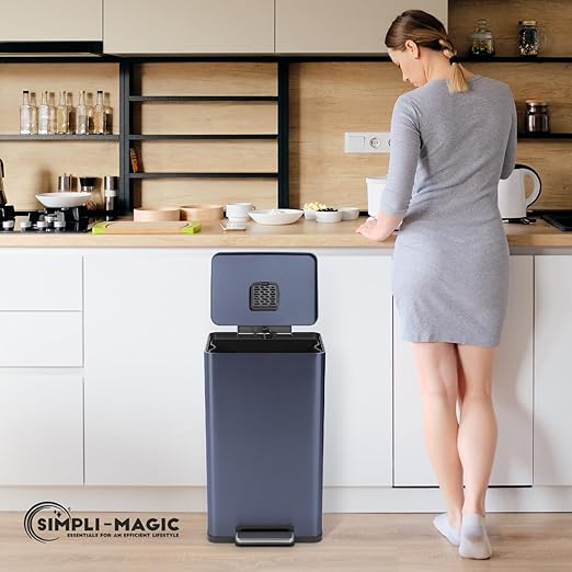 SIMPLI-Magic 50L / 13.2 Gallon Kitchen Trash Can - Soft-Close Lid, Hands-Free Step Pedal, Stainless Steel Garbage Can with Odor Filter, Smudge-Resistant Finish