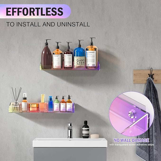 Bakzon 2 Pack Acrylic Shelves for Wall Storage, 15" Floating Shelves, Kids Bookshelf, Nail Polish Holder, Perfume Display Shelf Organizer for Bathroom, Bedroom, Living Room, Iridescent