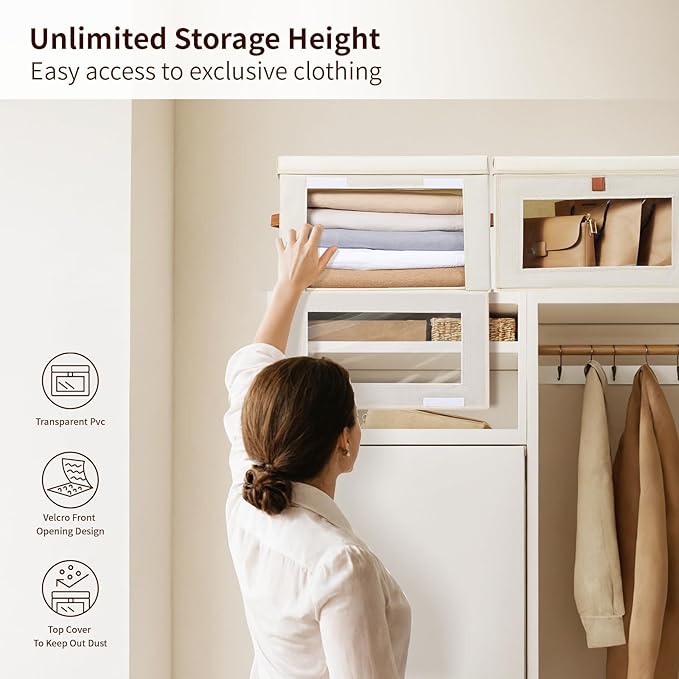 Homsorout Collapsible Storage Bins - Large Closet Organizer with Handles & Window, Decorative Storage Boxes, Fabric Containers for Living Room, Dorm, 4 Pack, Beige