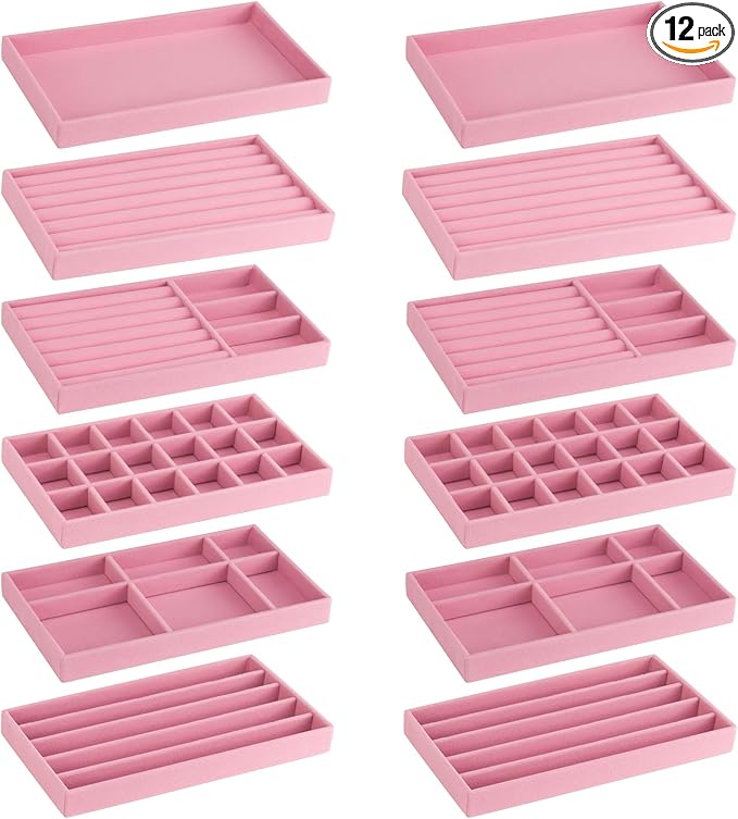 12Pcs Velvet Stackable Jewelry Trays, Jewelry Drawer Organizer, Large Removable Display Jewelry Tray, Necklace Bracelet Storage Box for Earring, Ring, Brooch, Watch (Pink)
