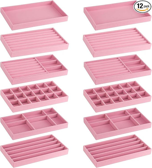 12Pcs Velvet Stackable Jewelry Trays, Jewelry Drawer Organizer, Large Removable Display Jewelry Tray, Necklace Bracelet Storage Box for Earring, Ring, Brooch, Watch (Pink)
