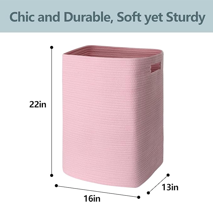 MEGASKET Large Laundry Hamper 16"x13"x22" - Tall Woven Laundry Basket, Cotton Rope Dirty Clothes Hamper, Baby Kids Nursery Wicker Laundry Basket, Bedroom Aesthetic, Soft Laundry Bin, Pink Hamper, 75L