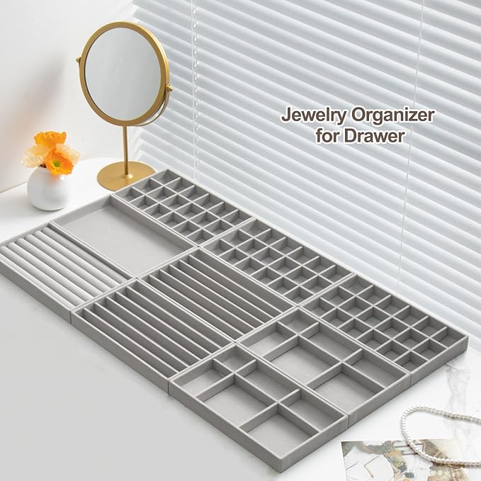 SPAKOWN Jewelry Drawer Organizer Inserts Set of 9, Velvet Jewelry Trays for Drawers, Storage for Earring, Ring, Necklace, Watch, Bracelet (Grey)