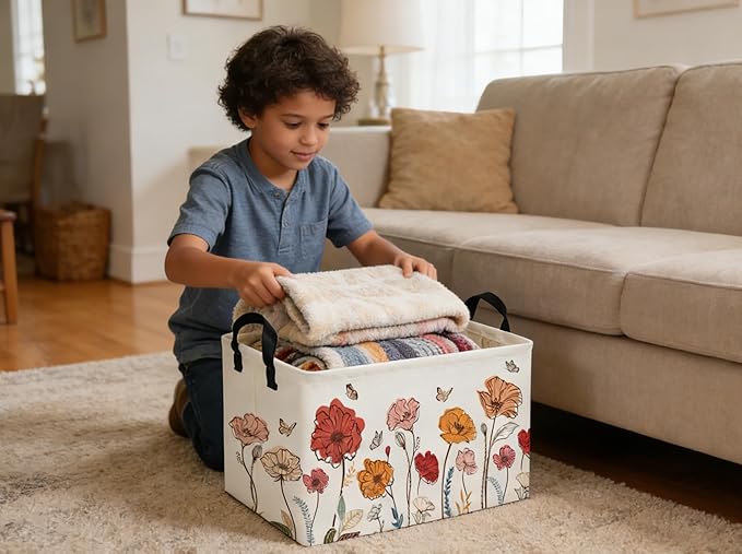 Rectangular Kids Baskets Flower Basket Cute Storage Bins Organizer Box Boys Room Decor for Home.(Flower cluster)
