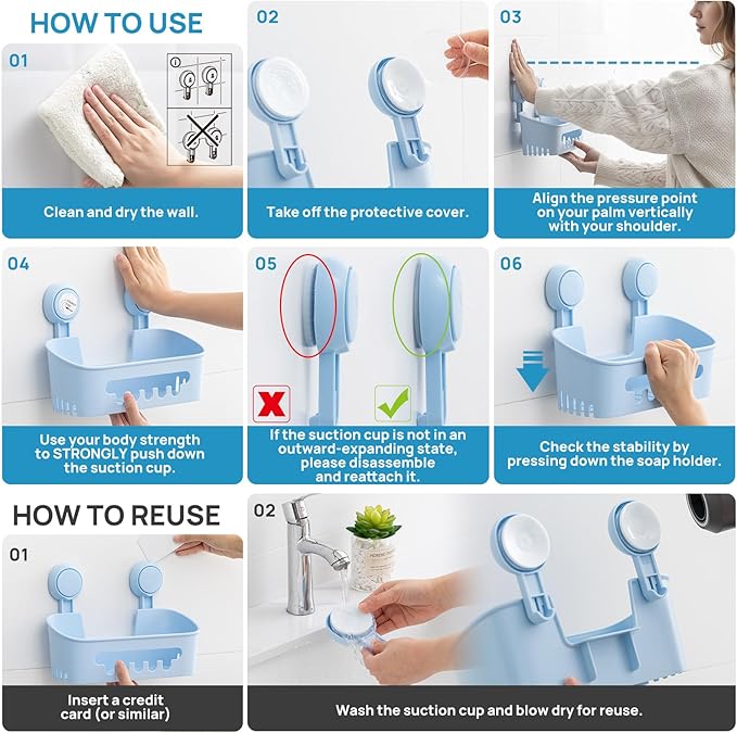 LEVERLOC Shower Caddy Suction Cup 2 Pack, Shower Organizer Removable Bathroom Shelf, Storage for Inside Shower Powerful Suction Max Hold 22lbs Waterproof Holder, Blue